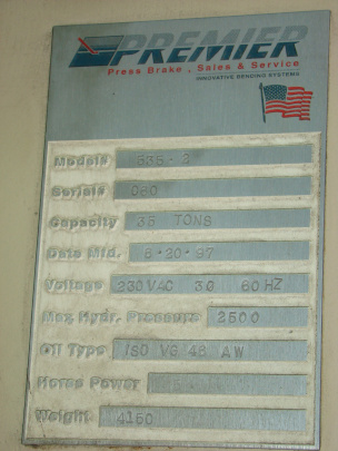 35 Ton, PREMIER, #535-2, 5'OA, 42 BH, 5 stk, 5 HP, Hurco 2X BG, 1997