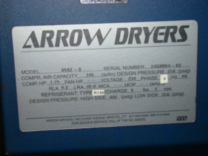 105 CFM, 125 PSI, ARROW, #3532-3, refrigerated
