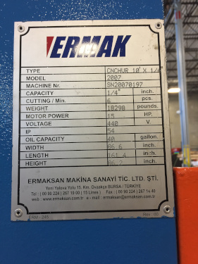1/4 x 10', ERMAK, #CNCHVR, hyd., 40 CNCBG, Automec CNC FG, 15 HP, 2007