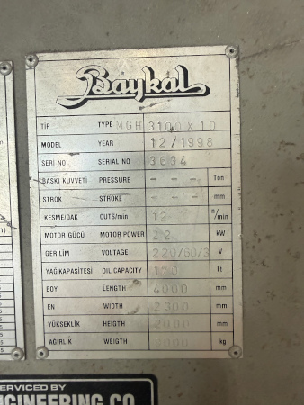 3/8 x 10', BAYKAL, #MGH 3100x10, 10'x 3/8, hyd., 39 PFOBG, 30 HP, 1998